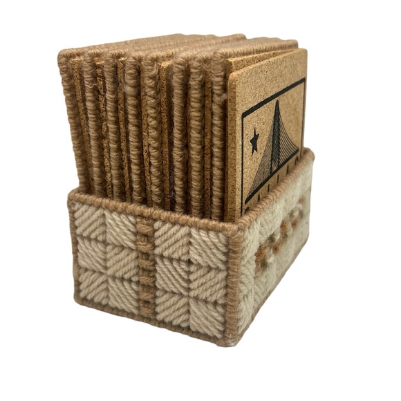 (8) Vintage Handmade Needle Point Canvas Art Coaster Set with Holder FALL Decor - Picture 3 of 12